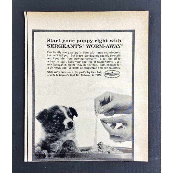 Sergeant's Worm-Away "Start you puppy right" Vintage Print Ad 1967 - Picture 3 of 3